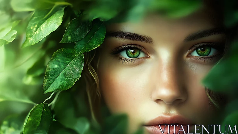 Emerald eyed woman gazes through lush green forest leaves