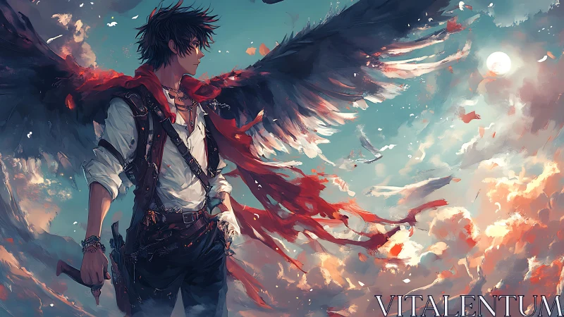 Winged warrior silhouettes against blazing cloud horizon.