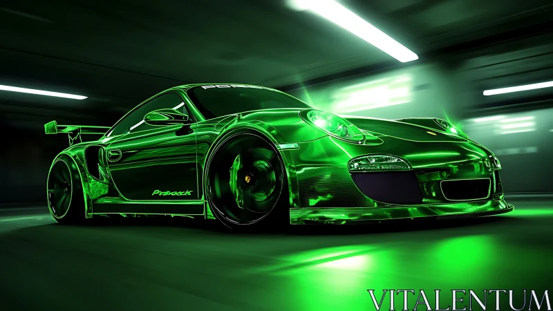 Chromed neon-green track car rendered with high-motion blur dynamics