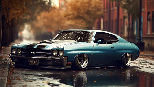 Restomod muscle car glows on wet autumn city street.