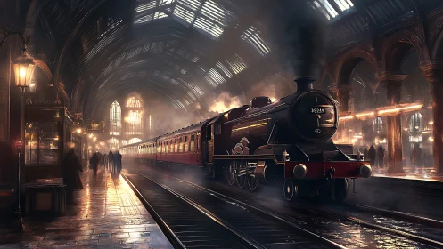 Steam locomotive departs luminous Victorian station concourse.