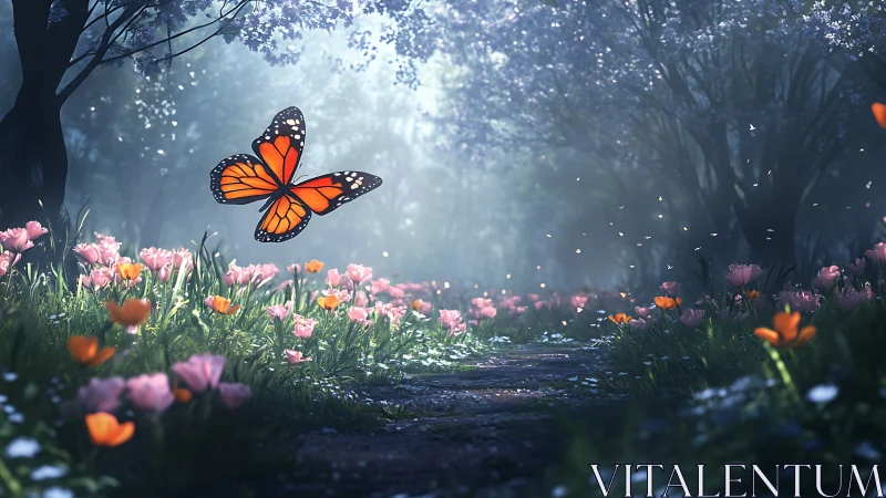 Monarch of Morning Mist Gliding Through Bloomlit Pathways.