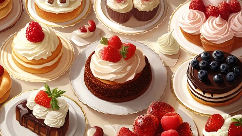 Gourmet berry pastries arranged on plates with whipped cream.