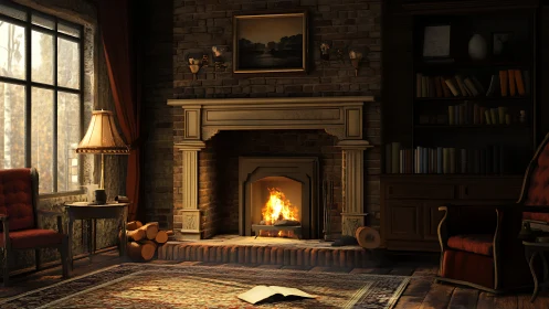 Cozy brick fireplace library interior with warm evening lighting