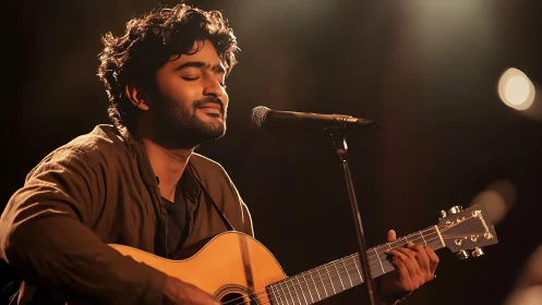 Guitarist sings softly under warm stage spotlight