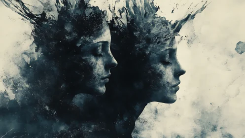 Whispered twin silhouettes drift in a storm of quiet ink dreams