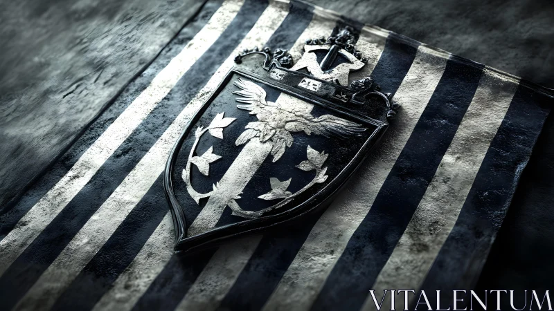 Medieval heraldic shield on striped banner, dramatic lighting. Medieval heraldic shield on striped banner, dramatic lighting.
