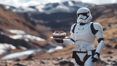Stormtrooper Serving Cake in Mountain Wilderness.