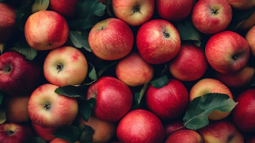 Crimson apples layered with leaves in tight rustic cluster.