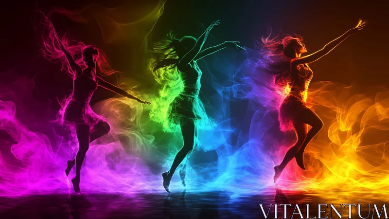 Silhouetted dancers leap through vibrant rainbow fire and light