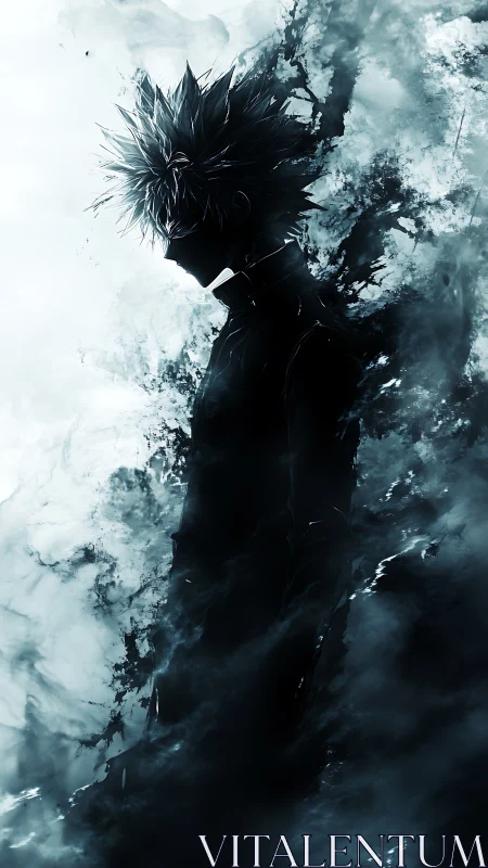 Silhouetted anime figure dissolves into abstract monochrome vapor