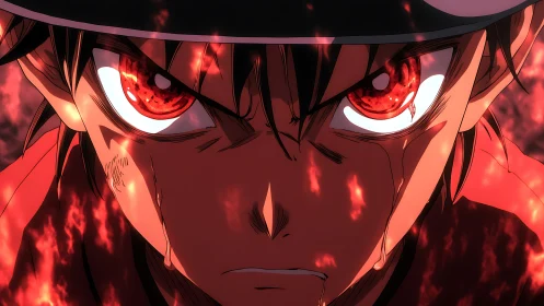 Fiery anime hero locks in with intense, burning resolve.