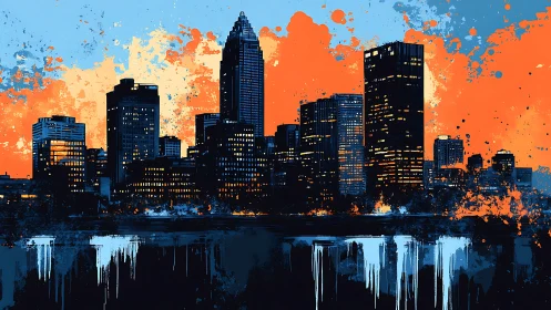Urban skyline glows against bold splashes of sunset color