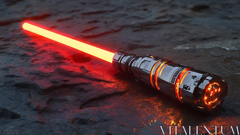 Red plasma saber glows over wet volcanic rock surface.