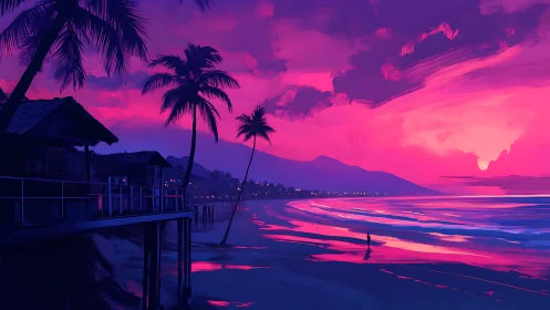 Neon tide hush under magenta palmshadow skies at dusk.