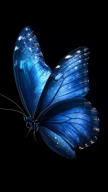 Blue butterfly with luminous patterned wings on black field.