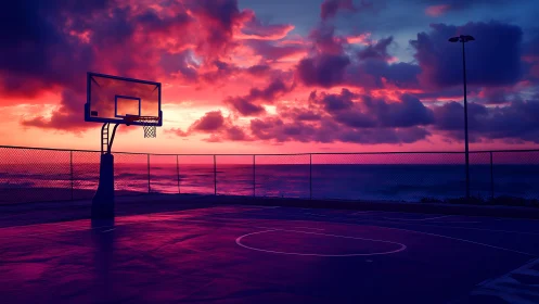 Basketball court by ocean under vivid sunset sky.