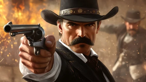 Cowboy aims revolver forward during intense gunfight scene