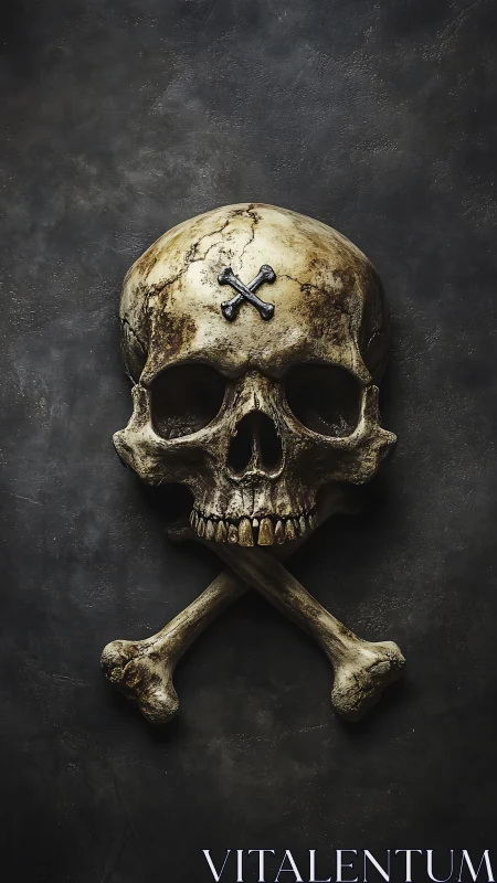 Weathered pirate skull with crossed bones on dark stone.