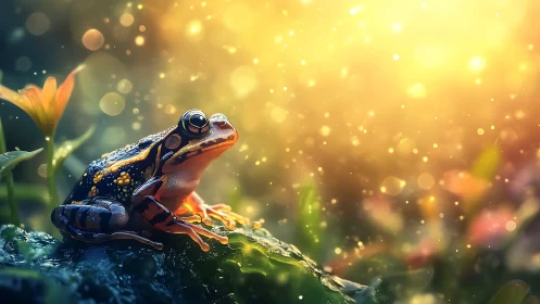Colorful frog on mossy rock in glowing sunset light.