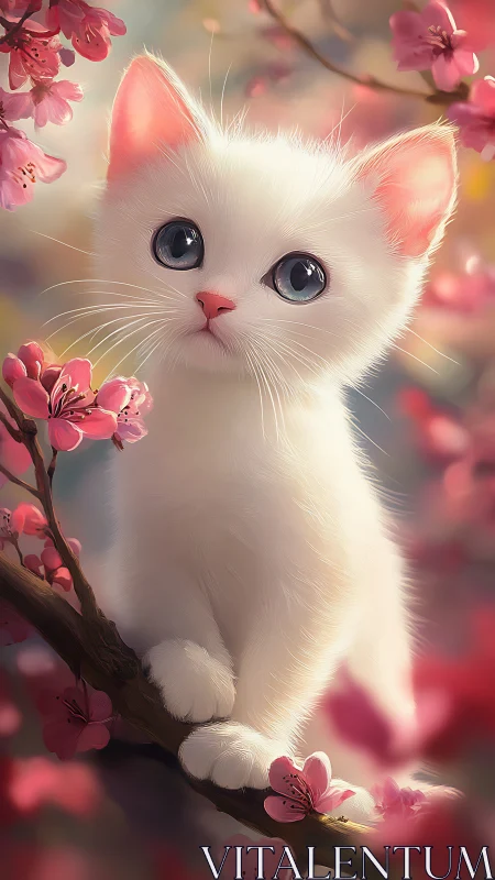 White Kitten Among Pink Cherry Blossoms Spring