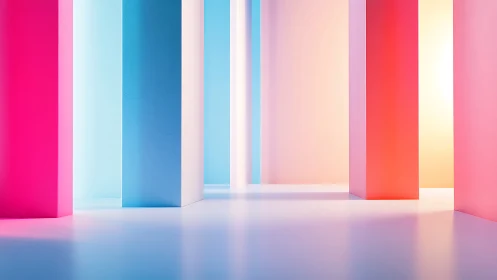 Pastel light corridors where color pillars quietly glow.