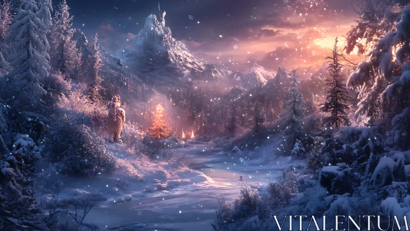 Enchanted winter valley with glowing fir and watchful stag