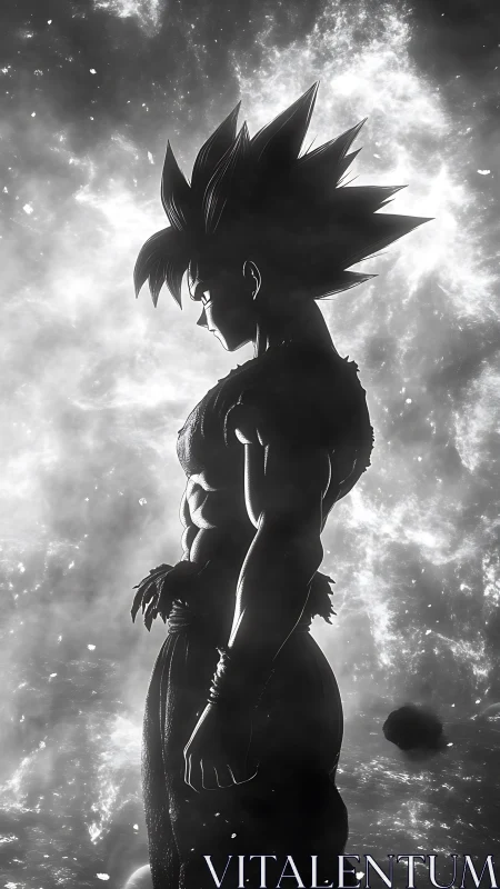 Spiky haired anime warrior stands in profile amid glowing mist