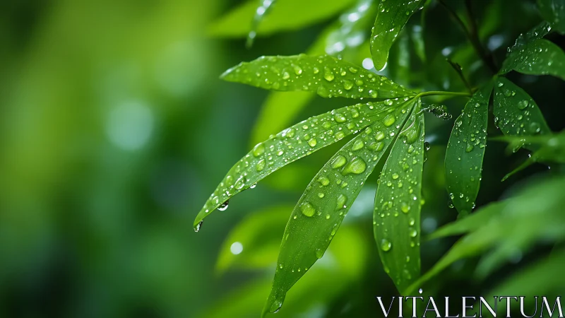 Macro optical study of rain droplets on compound green leaves.