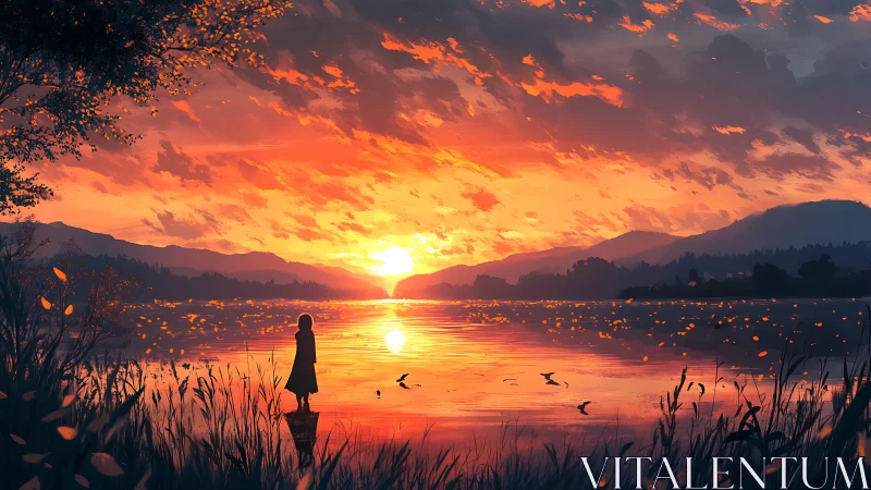 Sunset lake quietness with a dreaming lone silhouette.