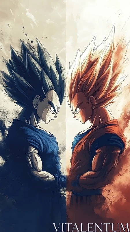 Split composition shows mirrored anime warriors in profile