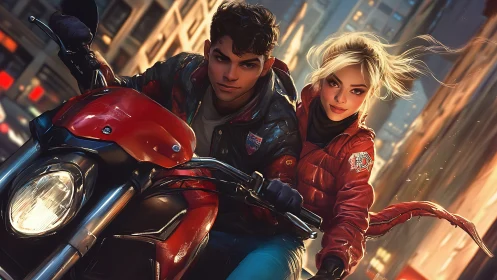 Rebel couple rides red motorcycle through neon city streets.