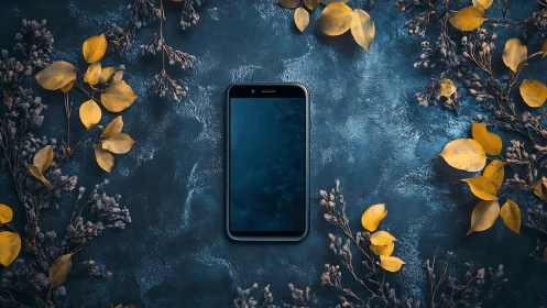 Smartphone on Dark Blue Surface with Golden Leaves.