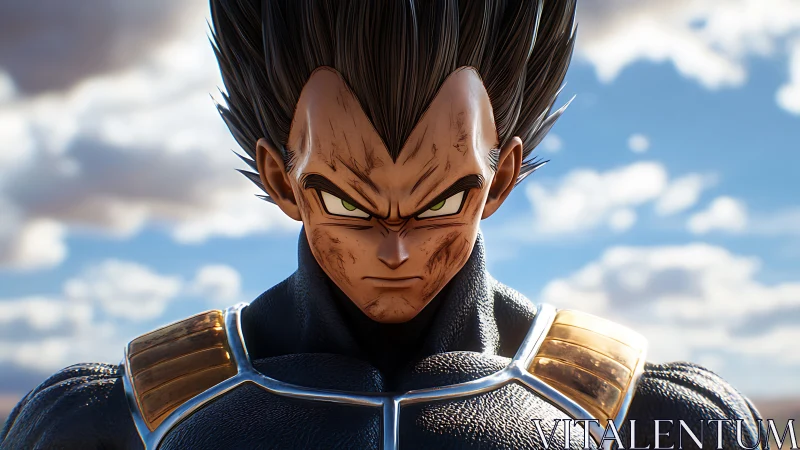 Battle-hardened anime warrior under intense desert sky.