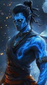 Mythic blue warrior channels searing celestial energy.