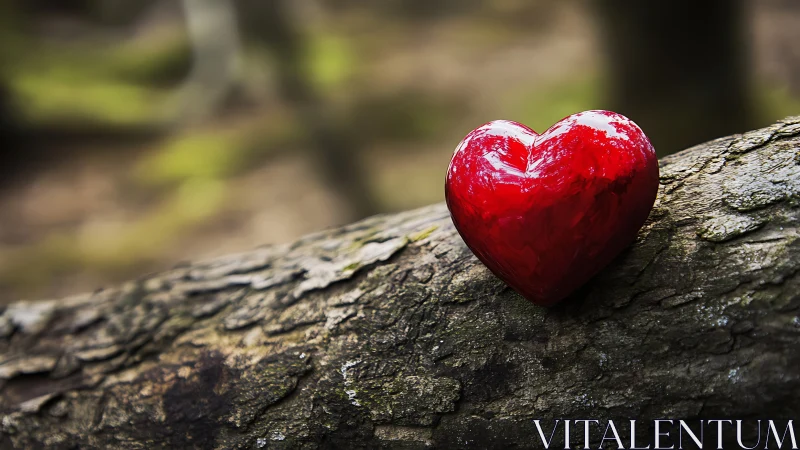 Red glossy heart object positioned on weathered wood surface with moss.