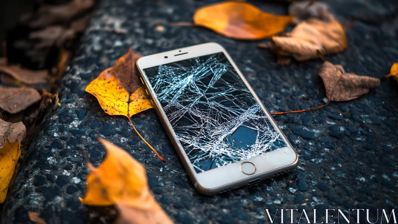 Fractured smartphone display amid autumnal asphalt debris.