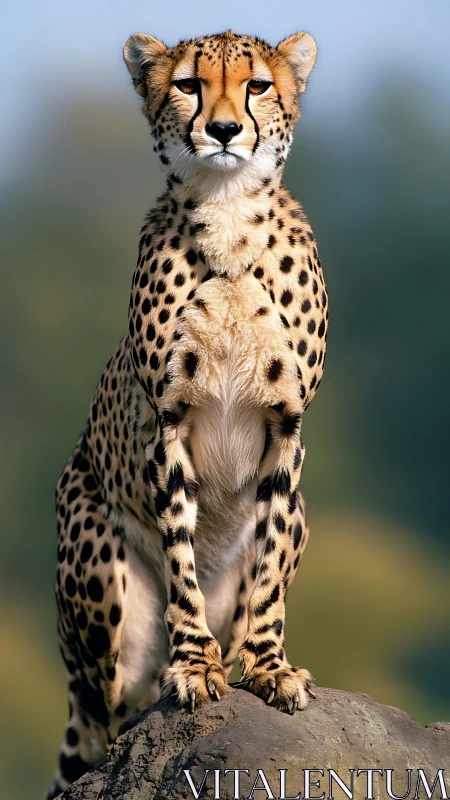 Cheetah seated on rock formation with blurred background.