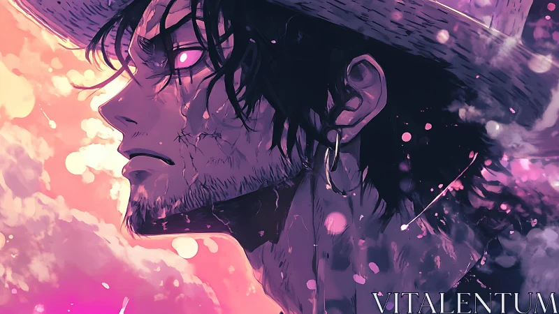 Scarred anime man with glowing eyes in pink sunset haze.