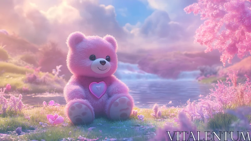 Pink teddy bear by pastel lake in dreamy fantasy meadow.
