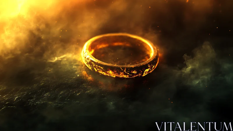 Glowing golden ring suspended in fiery swirling smoke.