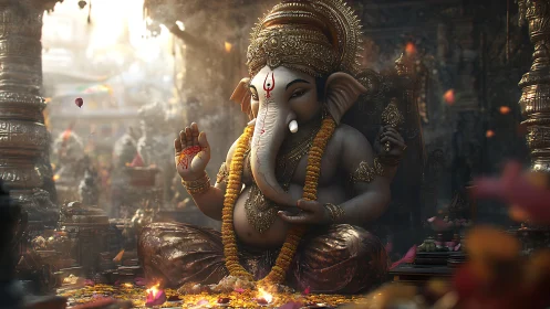 Ganesha enthroned in marigold light within a jeweled temple.