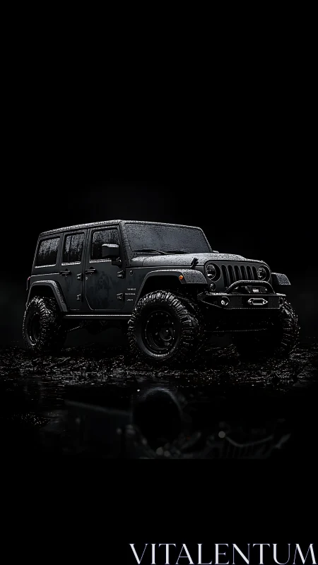 Black off-road SUV stands in wet mud under dark lighting