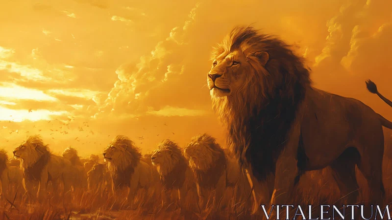 Lion pride strides through blazing golden savannah dusk.