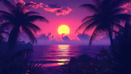 Neon tropic sunset casting magenta glow across calm sea.
