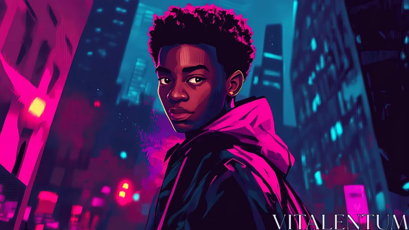 Teen in neon city street under bold purple blue lights.