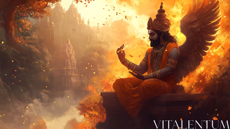Winged divine figure meditates amid fiery celestial temple.