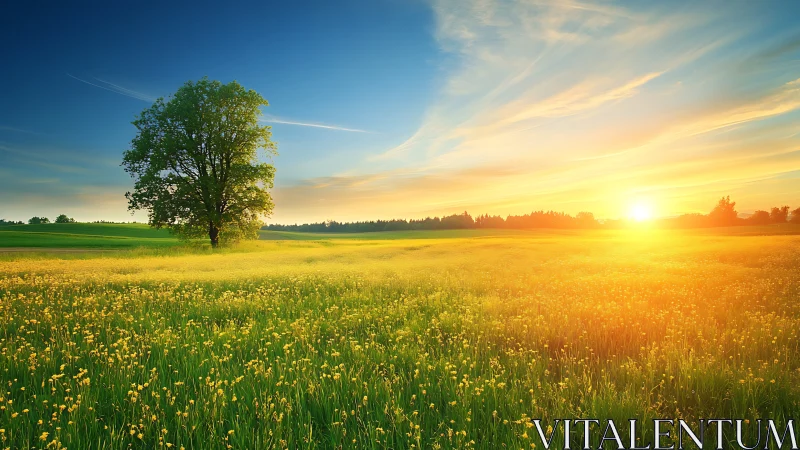 Solitary tree overlooks golden meadow at radiant sunrise.