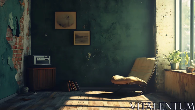 Sunlit retro lounge in textured distressed interior space.