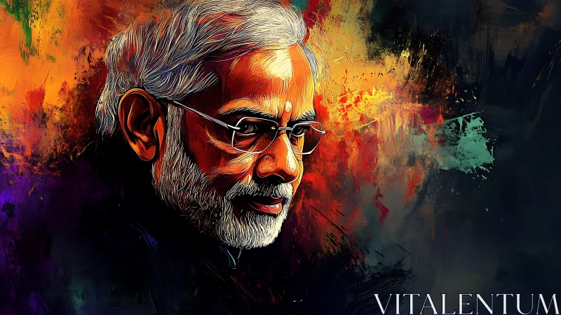 Reflective elder framed by blazing color storm of thought.